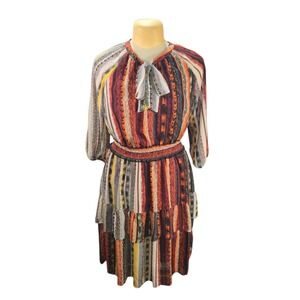 Figueroa & Flower Womens 1X Multicolor Striped Tiered Boho Midi Dress Tie Neck